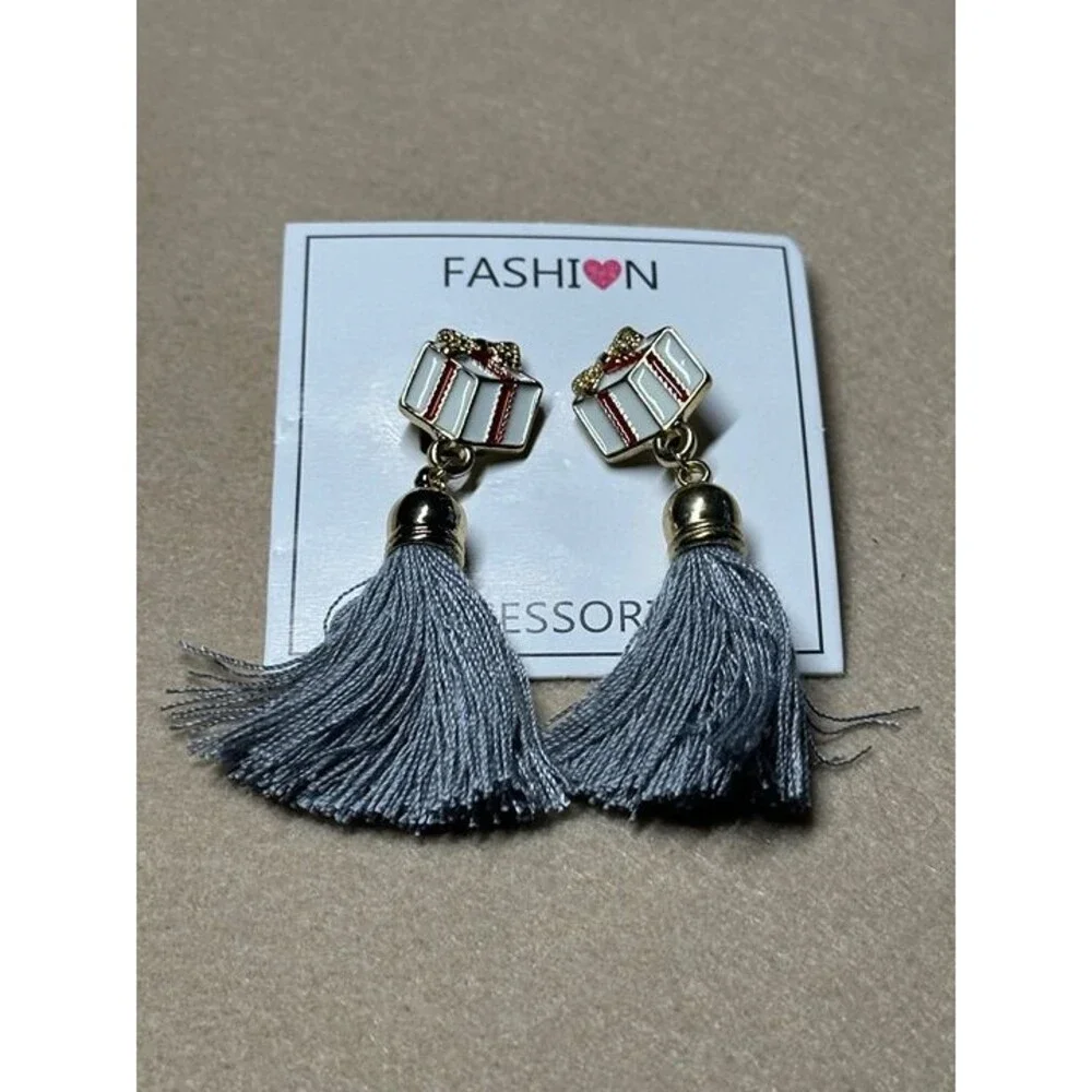 gold tone gift box charm gray tassel drop earrings holiday jewelry nwt new